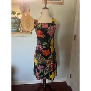 Vintage‎ Floral Square Neck Dress Sleeveless Sheath Tropical Print